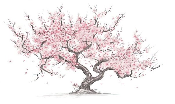  a drawing of a tree with pink flowers on it's branches.  generative ai