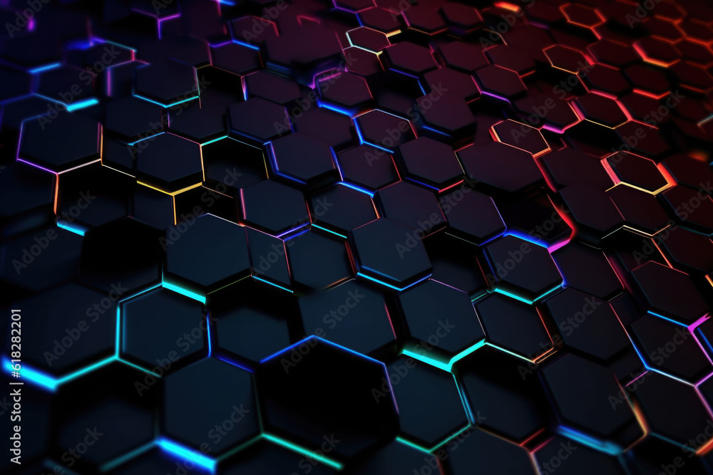 Wall mural dark hexagon abstract technology background with colored bright flashes. generative ai