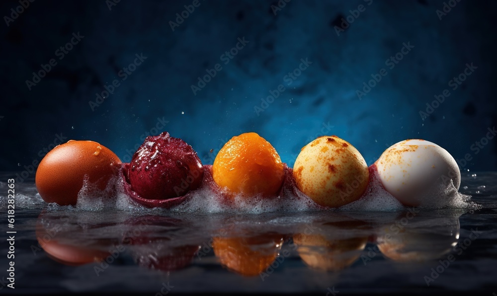 Aufkleber a group of eggs and oranges are in a row. generative ai
