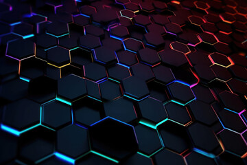 Obraz premium Dark hexagon abstract technology background with colored bright flashes. Generative AI