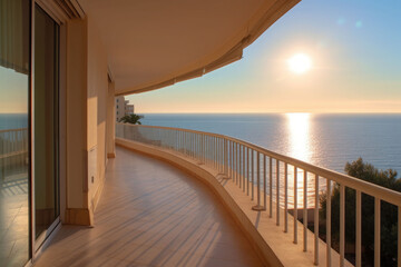 Fototapeta na wymiar A large apartment balcony with sea view. Terrace with a beautiful view. Generative AI