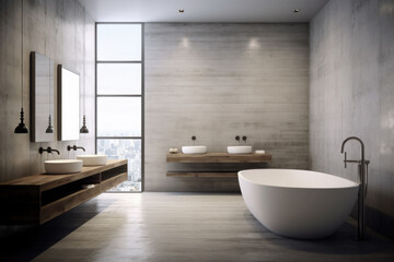 Fototapeta na wymiar Minimalist bathroom with concrete floor, a table with accessories on it. Generative AI