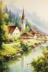 Obraz premium Watercolor charming countryside village with cottage. AI generated