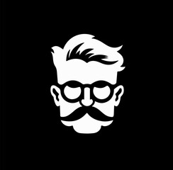 Black and white logo with a silhouette of a grandfather face with a mustache and glasses. Vector illustration