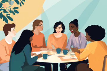an infographic with of a small group of people who are of different ethnicities, geneders and ages, sitting around a table discussing a topic about community cohesion and inclusive media
