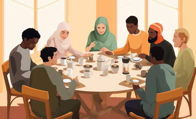 an infographic with of a small group of people who are of different ethnicities, geneders and ages, sitting around a table discussing a topic about community cohesion and inclusive media