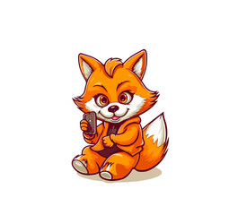 Cartoon fox with a phone in his hand. Vector illustration