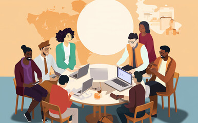 an infographic with of a small group of people who are of different ethnicities, geneders and ages, sitting around a table discussing a topic about community cohesion and inclusive media