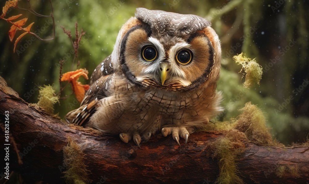 Poster an owl sitting on a tree branch with moss growing on it. generative ai