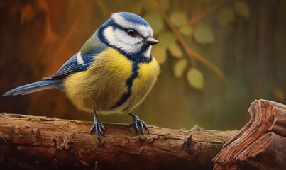  a blue and yellow bird sitting on a tree branch in a forest.  generative ai