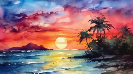 Fototapeta na wymiar Watercolor colorful sunset on a beach. AI generated