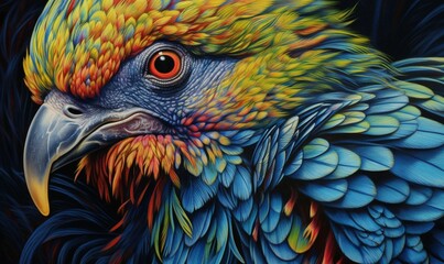  a painting of a colorful bird with a black background and a red eye.  generative ai