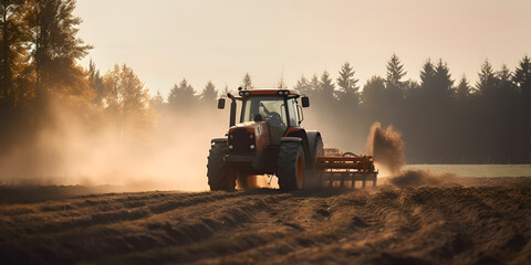 Fototapeta premium Harvesting with agricultural machinery tractor sunlight. Agriculture industry concept. Generation AI