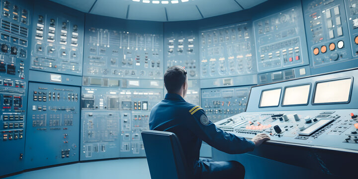 Electrical station, Central control panel of nuclear power plant reactor. Engineer at work back view, blue color. Generation AI.