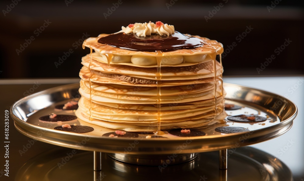 Poster a stack of pancakes on a plate with syrup drizzled on top. generative ai