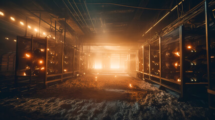 Fototapeta premium Burning server room or mining farm. Data center supercomputer technology in fire. Generation AI