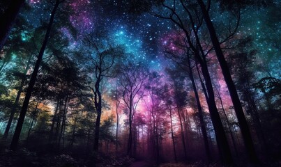 Fototapeta premium a forest filled with lots of trees under a night sky. generative ai