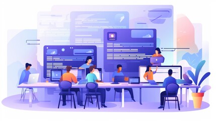 Scene depicting a team of developers working on mobile app development, coding for iOS or Android platforms