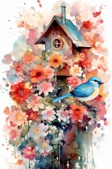 Watercolor cute birdhouse amongst blooming flowers. AI generated