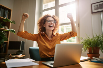 Joyful business woman freelancer entrepreneur smiling and rejoices in victory while sitting at desk and working at laptop after finishing project in home office. High quality photo - obrazy, fototapety, plakaty