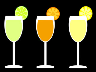 Lime, orange and lemon drink, on black background.