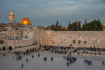 The western wall and the Dome of the Rock during the sunset
