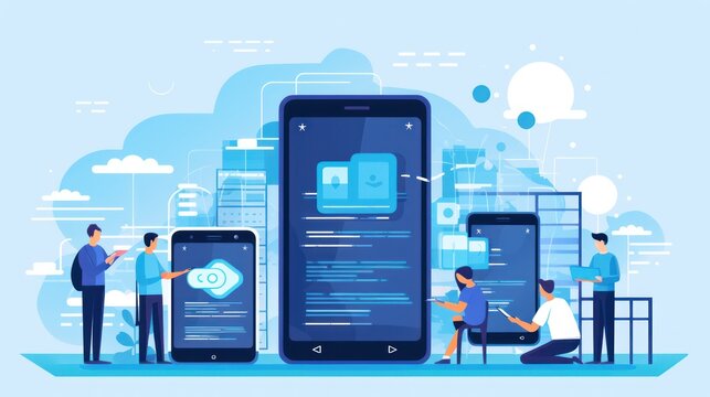 Scene depicting a team of developers working on mobile app development, coding for iOS or Android platforms