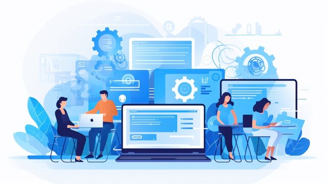 Scene depicting a team of developers working on mobile app development, coding for iOS or Android platforms