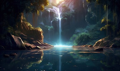  a painting of a waterfall in the middle of a forest.  generative ai