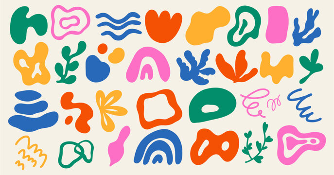 Set of different abstract shapes and patterns. Hand drawn doodles. Modern fashion illustration. Flat design, cartoon drawing, vector.