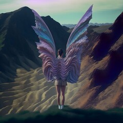 as Dreary and faded 1980s Fujifilm color photo of woman with holographic giant wings on a beautiful alien mountain landscapes wide angle shot hyper realistic super detailed photography volumetric 