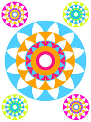 Mandalas of various colors, striking and with a red background.