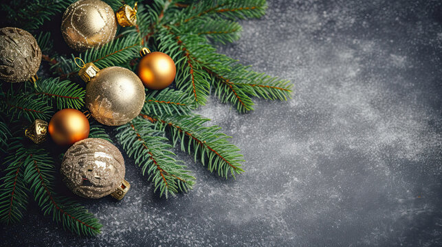 Beautiful Wide Angle Holiday Template with Christmas ball on fir tree and highlights. Web banner with copy space for design.