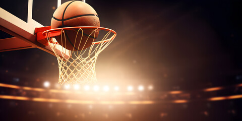 Banner sports tournament Basketball, ball on dark background with red sun light and sparks, copy space. Generation AI