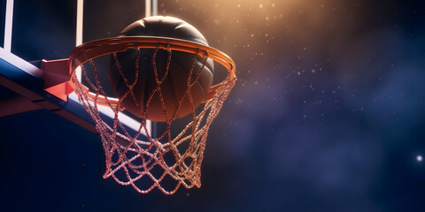 Fototapeta na wymiar Banner sports tournament Basketball, ball on dark background court, copy space. Generation AI
