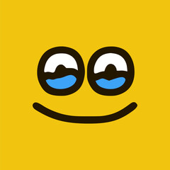 Happy crying emoticon in doodle style. Cartoon face expressions isolated on yellow background
