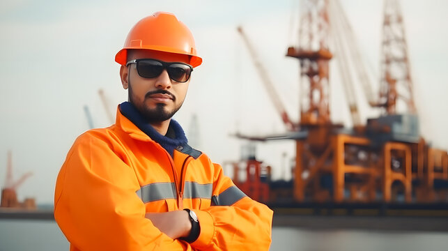 Portrait Oil rig engineer Arab men in hardhat in orange clothes trade deal or buying contract. Industrial wrk profession. Generation AI