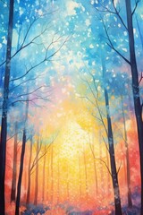 Watercolor gorgeous sunrise over a forest canopy. AI generated