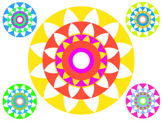 Mandalas of various colors, striking and with white background.