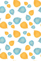Yellow blue leaves on a white background, seamless pattern. Design for textile, wallpaper, wrapping paper, bed linen, package.