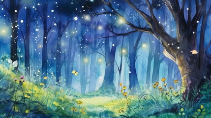 Obraz premium Watercolor magical fairy tale forest with fireflies. AI generated