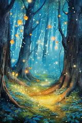 Watercolor magical fairy tale forest with fireflies. AI generated