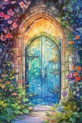 Fototapeta na wymiar Watercolor magical garden gate with a secret world. AI generated