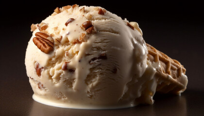 Indulgent summer dessert: almond caramel ice cream sundae generated by AI