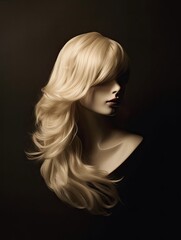 Beautiful blond hair on a mannequin in studio photo isolated with black background. Styled woman's wig side view