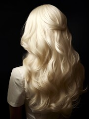 Naklejka premium Blond woman with long curly hair isolated on black background, back view