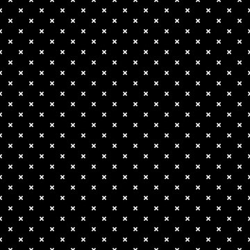White staggard crosses on black background abstract. Grid motif. Seamless surface pattern with symmetric ornament.Ethnic wallpaper. Digital paper for web design, scrapbook. Vector art illustration