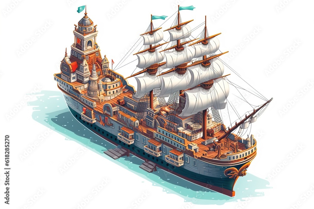 Poster isometric ship isolated on white background. generated by ai.