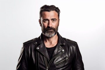 Portrait of a handsome bearded man in a leather jacket on a white background