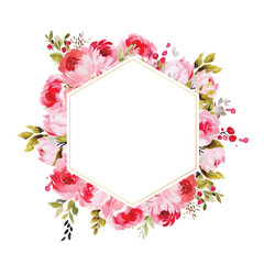 Marsala colored dark exotic orchid, burgundy red astilbe vector design fall frame. Pink gold polygonal line art with shimmer. Geometric card. Autumn chic wedding invitation. Isolated and editable.